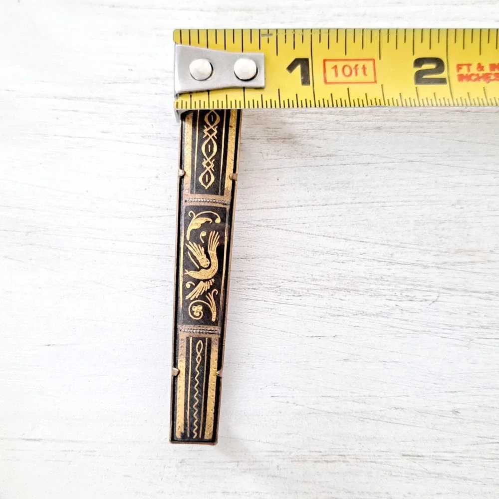 Vintage Tie Bar Damascene Bird Gold-Tone Black Rectangular Geometric Design